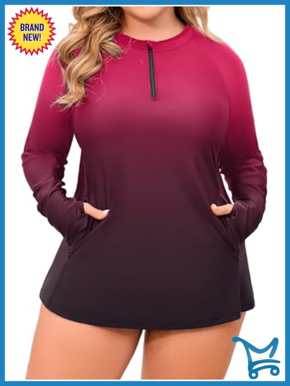Plus Size Rash Guard Long Sleeve Swim Shirt UPF 50+ Thumb Holes Pockets